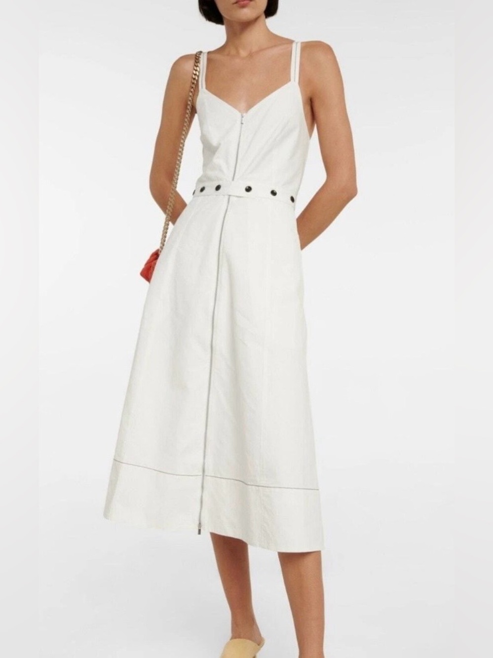 Proenza Schouler Full Front Zip Midi Dress White Cotton Linen Blend, Size 4